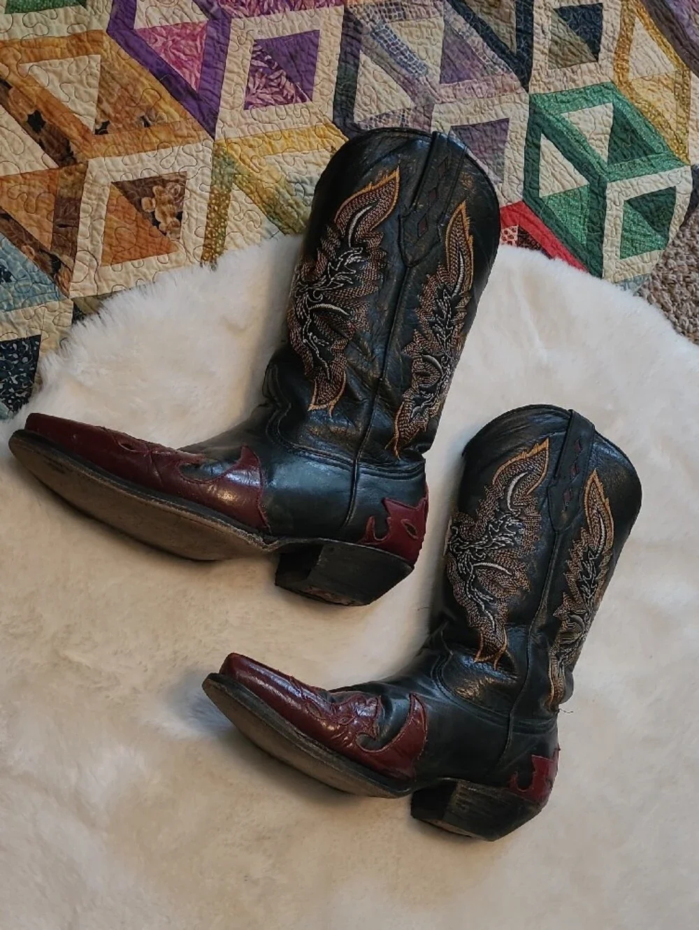 Vintage Lladro Embroidered Leather Flame Cowboy Boots Size 9.5